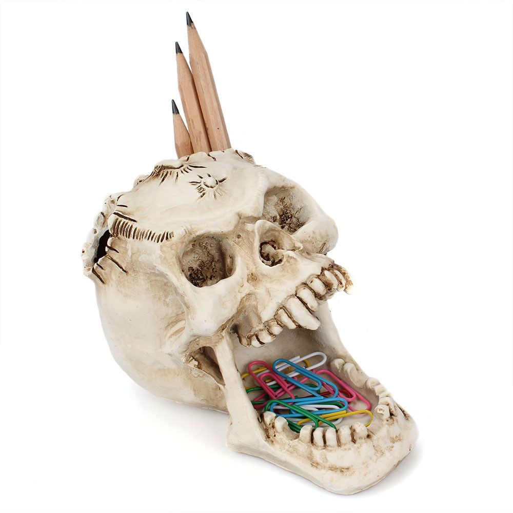 Halloween Skull Pen Holder, Office Desktop Skulls Decor, Spooky Open Mouth Skeleton Head Decoration for Office and Home