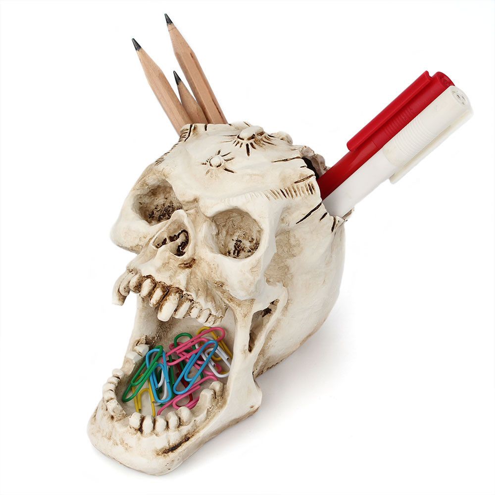 Halloween Skull Pen Holder, Office Desktop Skulls Decor, Spooky Open Mouth Skeleton Head Decoration for Office and Home