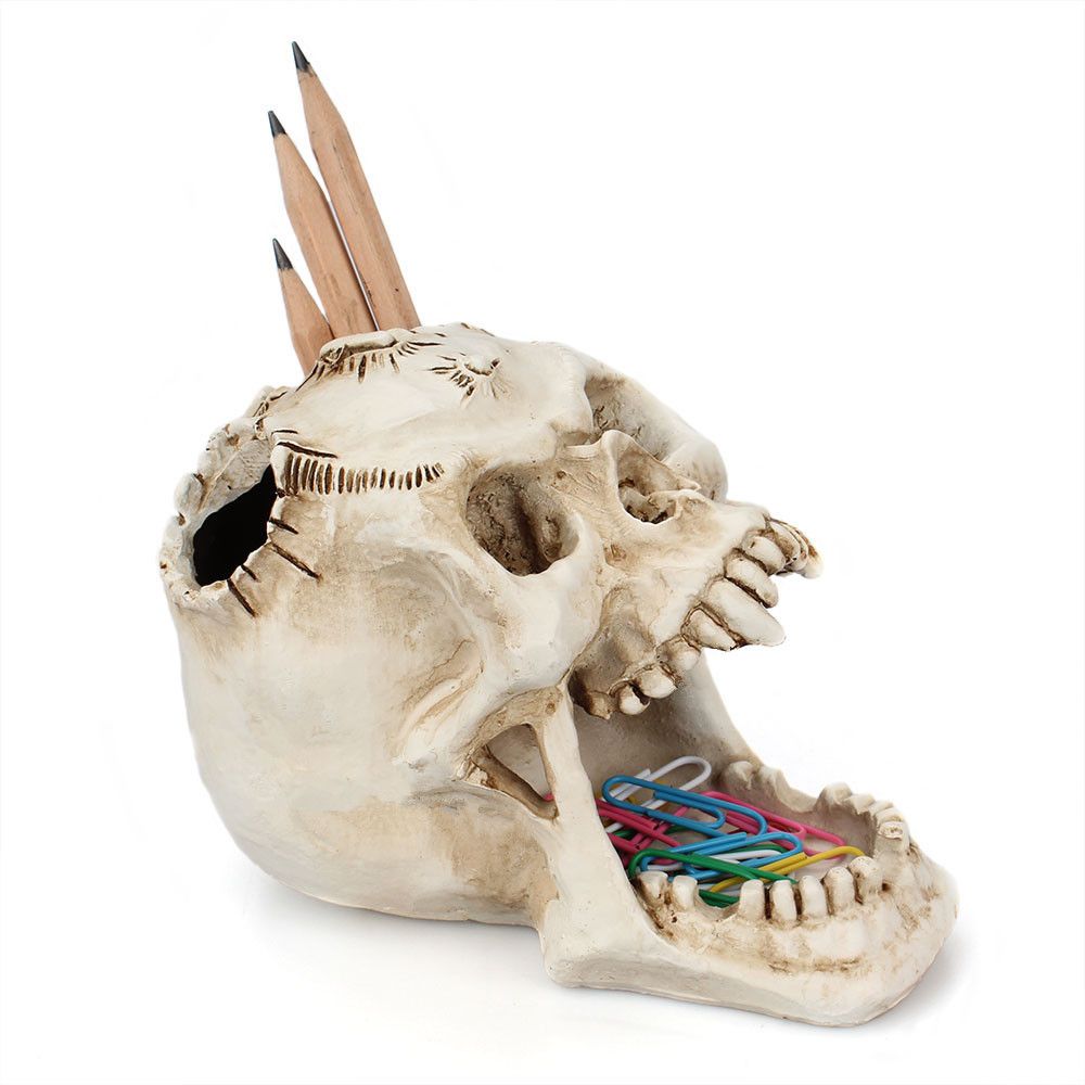 Halloween Skull Pen Holder, Office Desktop Skulls Decor, Spooky Open Mouth Skeleton Head Decoration for Office and Home