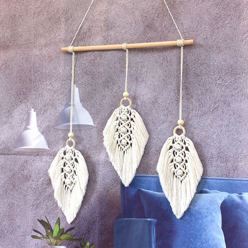 Wall Hanging Woven Tapestry Leaf Shaped Tassels Cotton Macrame Decor Wall Art Ornament for Apartment Bedroom