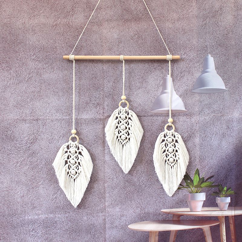 Wall Hanging Woven Tapestry Leaf Shaped Tassels Cotton Macrame Decor Wall Art Ornament for Apartment Bedroom
