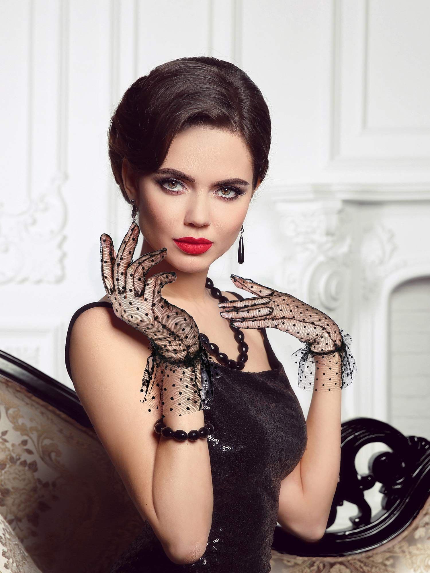Short Lace Gloves 1960s Vintage Classy Polka Dot Tea Party Mesh Gloves for Bridal Women Wedding Halloween Costume