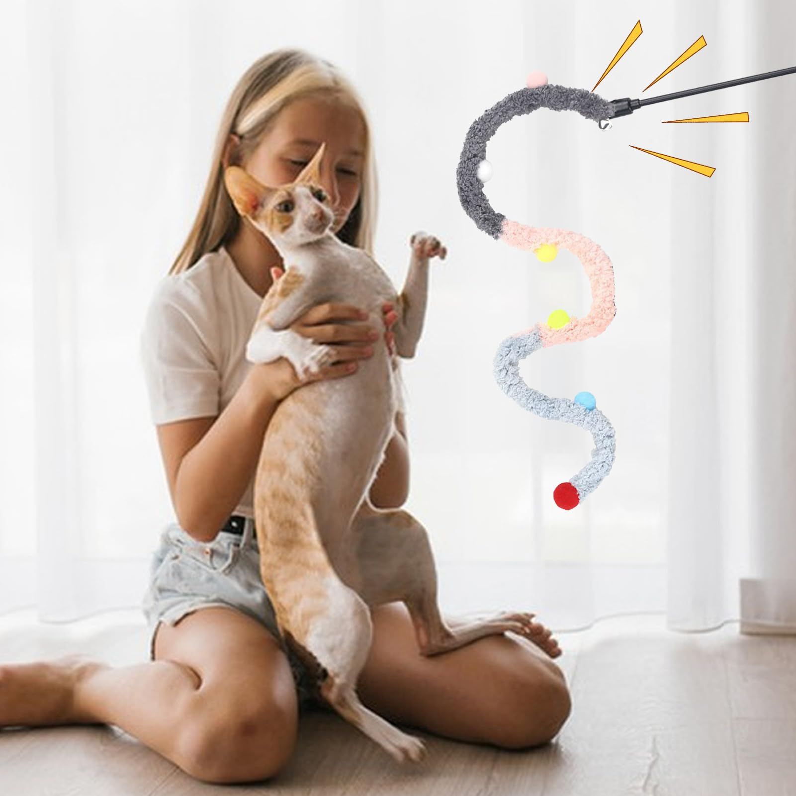 Interactive Catcher Teaser, Retractable Cat Wand Toys, Replacement Teaser with Bell Refills, Cat Exercise Playing Toy