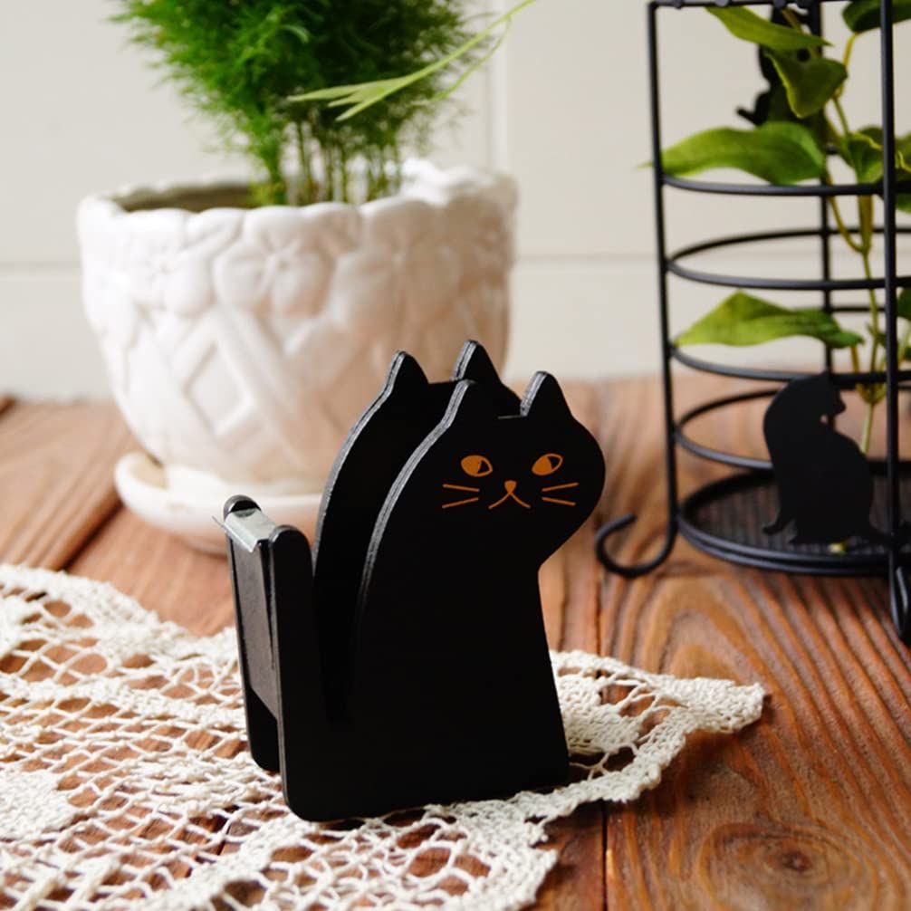 2pcs Cute Cat Tape Dispenser Vintage Wooden Tape Cutter Masking Tape Storage Organizer Tape Holders for Home Office Black Yellow