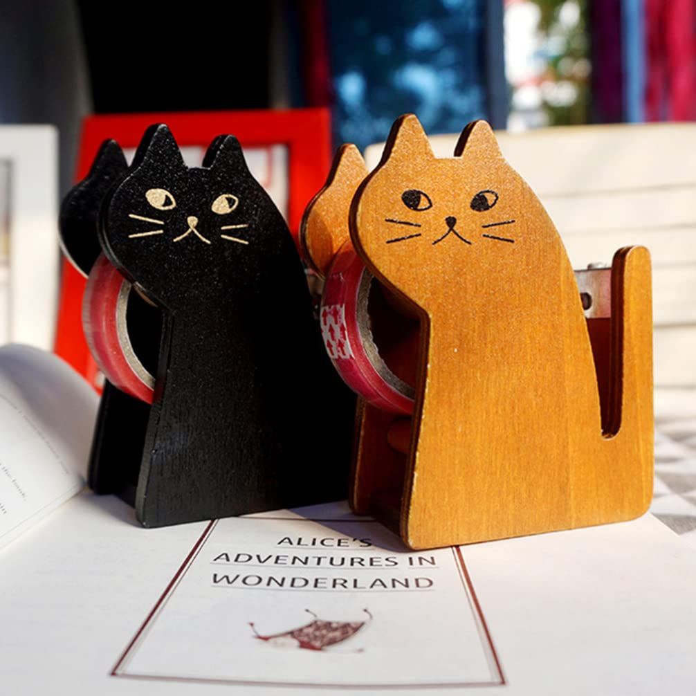2pcs Cute Cat Tape Dispenser Vintage Wooden Tape Cutter Masking Tape Storage Organizer Tape Holders for Home Office Black Yellow