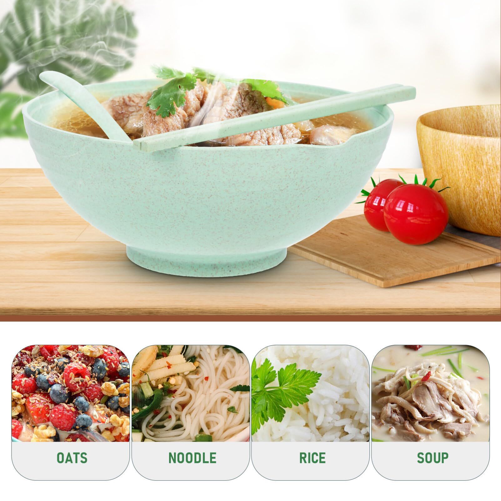 Noodle Bowls with Chopsticks, Cereal Bowls for for Kitchen, Breakfast, Oatmeal, Microwave and Dishwasher Safe (Green)