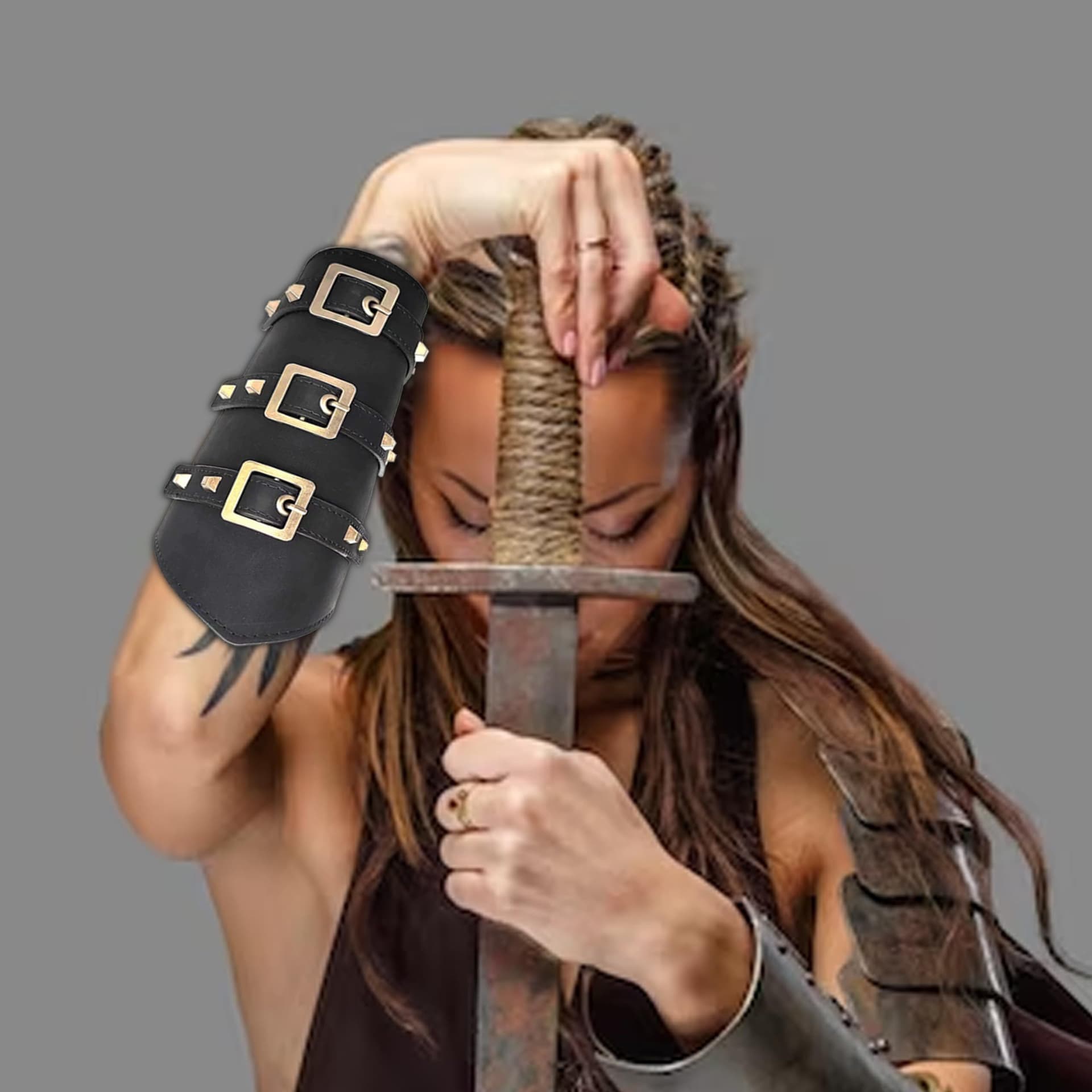 2Pcs PU Leather Belt Buckle Arm Bracers, Knight Retro Renaissance Arm Guards,Wristband Medieval Bracers