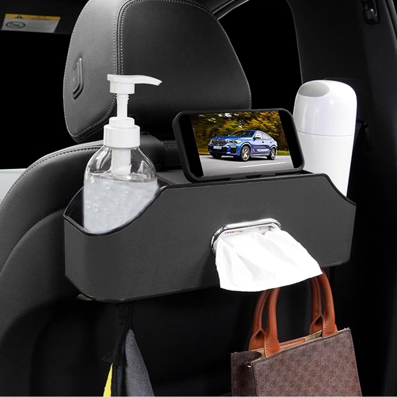 Car Headrest Back Seat Organizer with 2 Cup Holder & Tissue Box and Storage Box Hook kids Car Food Sauce Storage Holder Car