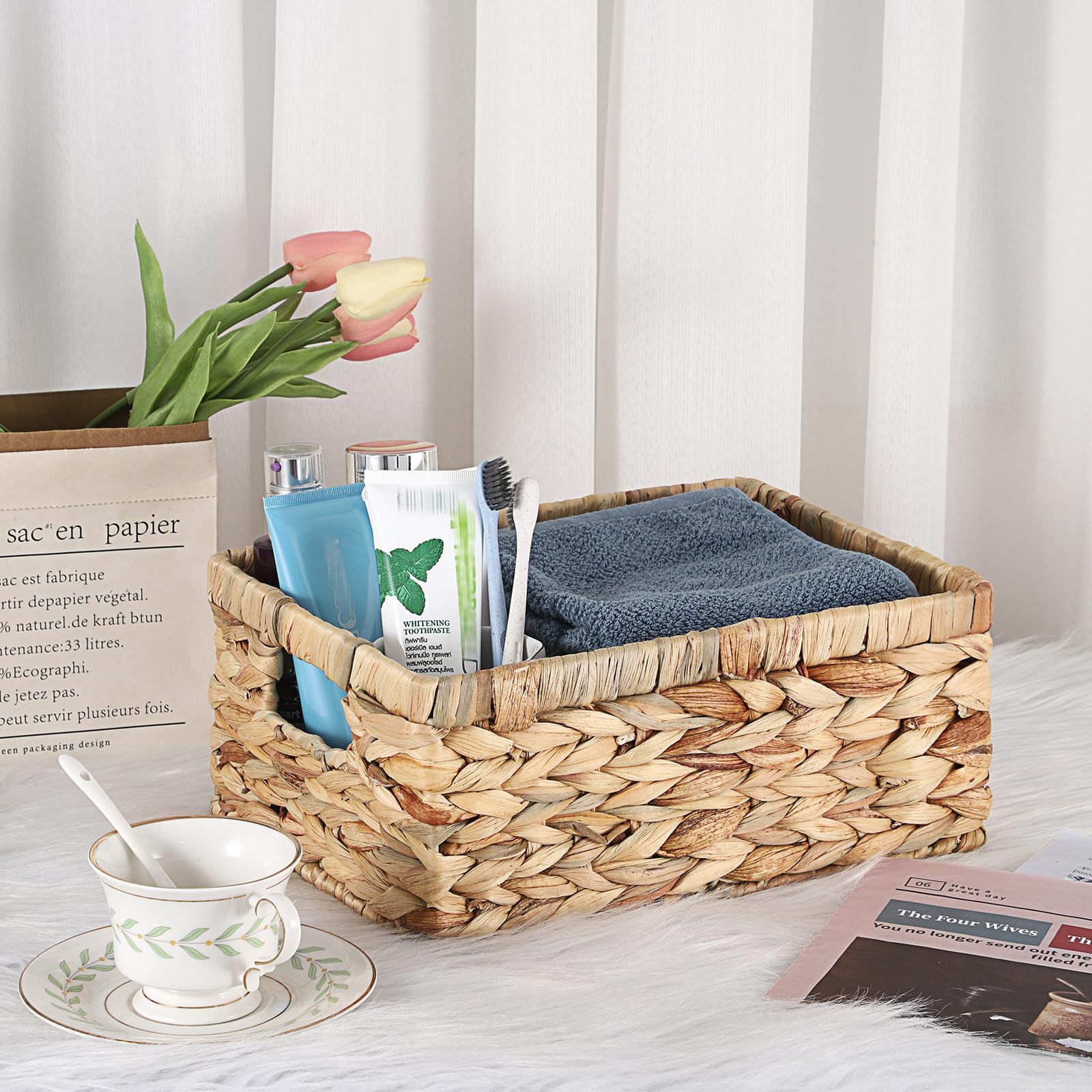 Water Hyacinth Storage Basket Bin Handwoven Decorative Basket Wicker Basket Box with Handles Small Open Home