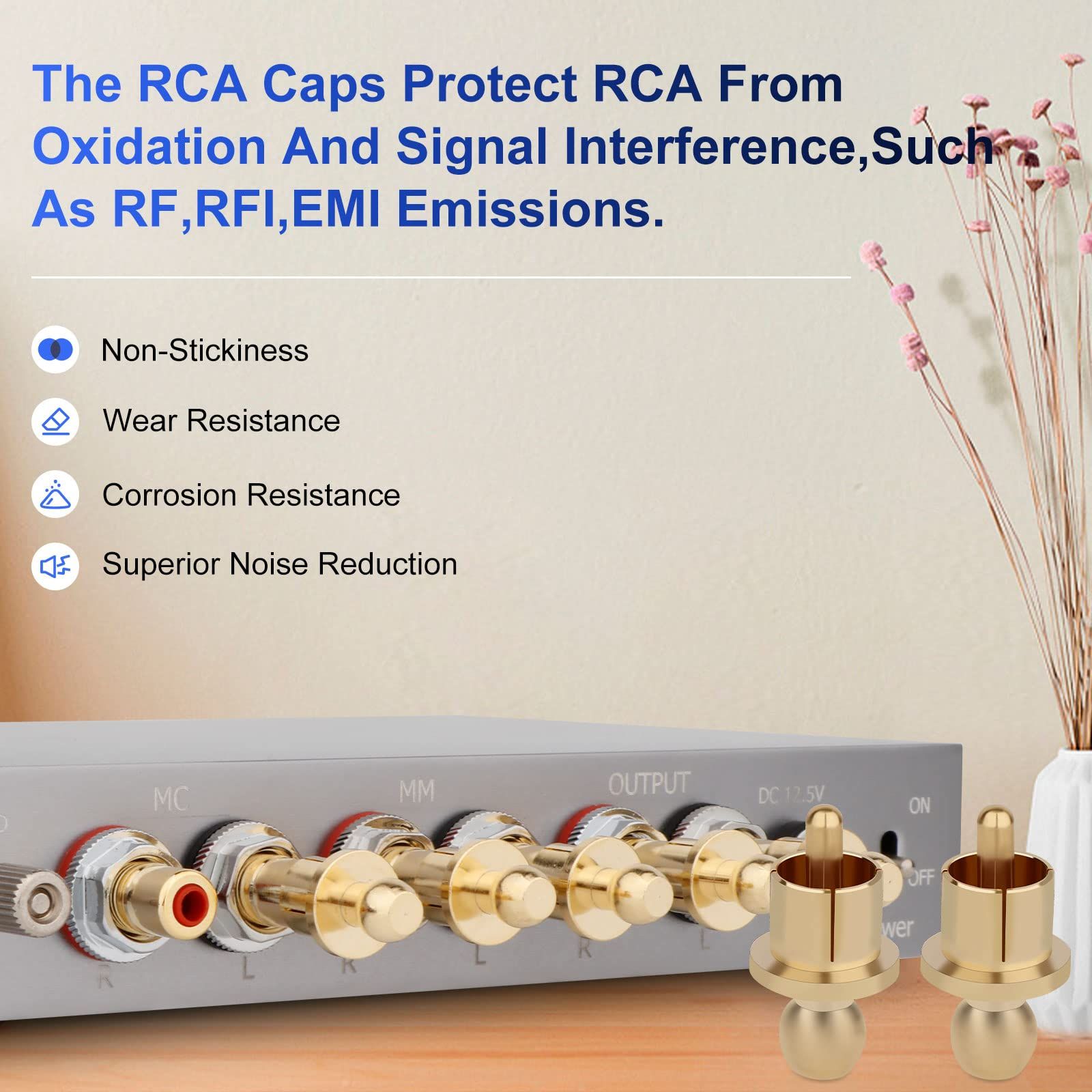 RCA Male Plugs RCA Dust Caps, 8Pcs , Detachable Center Pin Noise Stopper Dust Proof Protectors (Gold Plated)