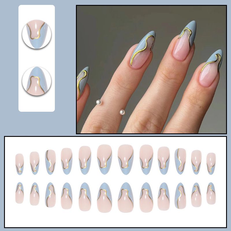 24 Pcs - MINGCHUN Summer Fake Nails Press ons French Nail Art Tips Glitter Line Design Full Cover Acrylic False Nails Glue