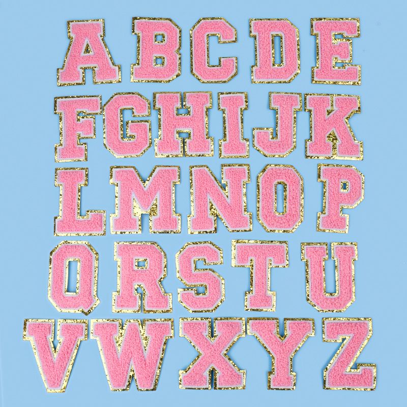 A-Z Gold Glitters & Pink Initial Patches,Adhesive Sticker Letter Patch for Team Costume Decoration Repair Patches（Pink A-Z）