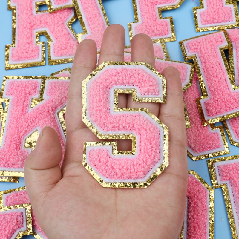 A-Z Gold Glitters & Pink Initial Patches,Adhesive Sticker Letter Patch for Team Costume Decoration Repair Patches（Pink A-Z）