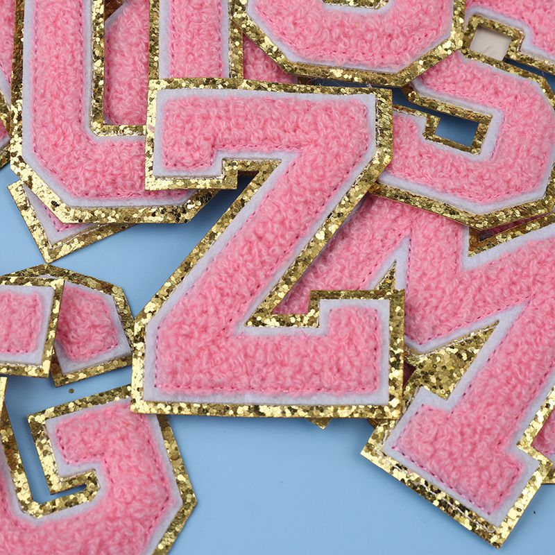 A-Z Gold Glitters & Pink Initial Patches,Adhesive Sticker Letter Patch for Team Costume Decoration Repair Patches（Pink A-Z）