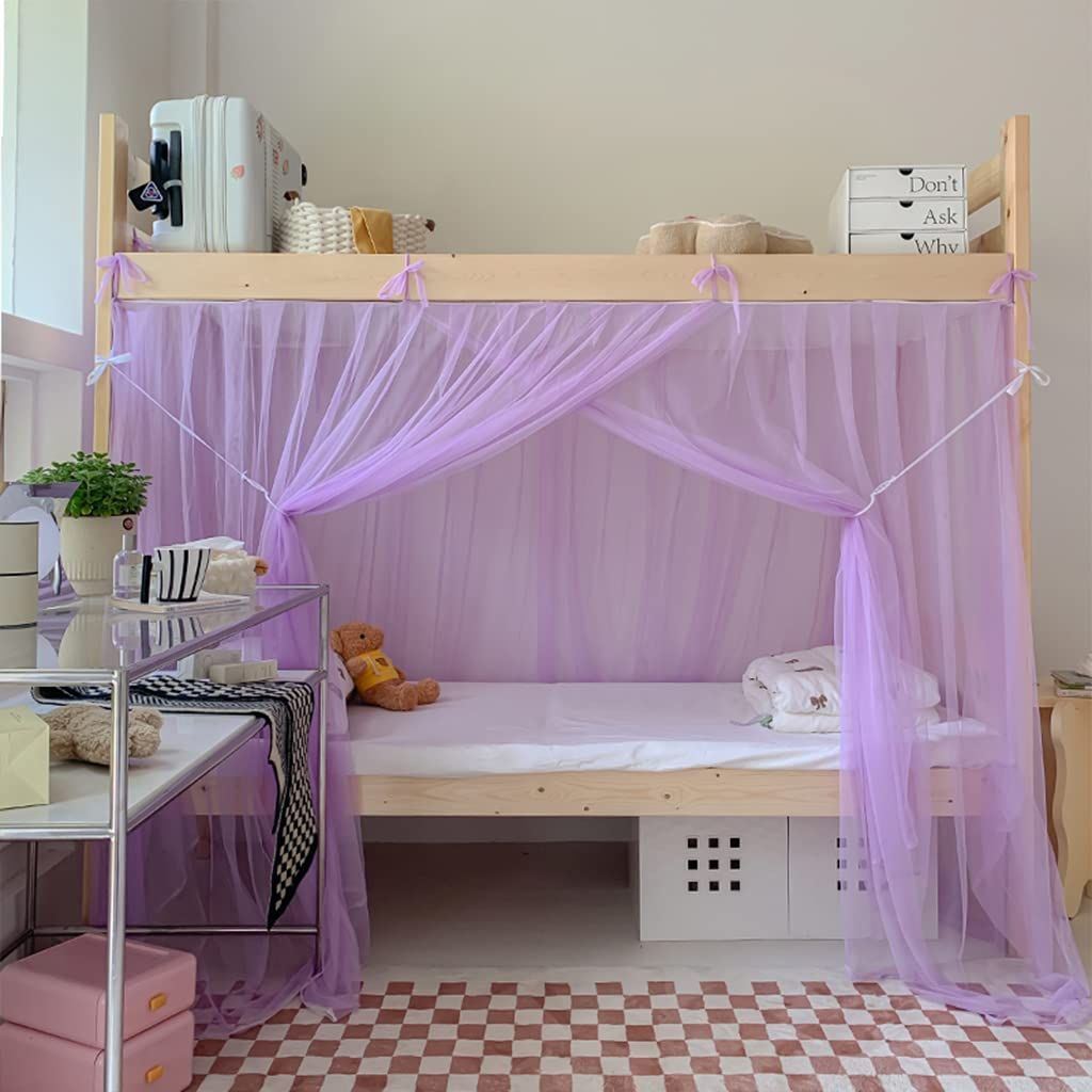 4 Corner Post Students Dorm Bunk Mosquito Net Bed Canopy Netting Students Bed Curtains for Student Dormitory School (Purple)