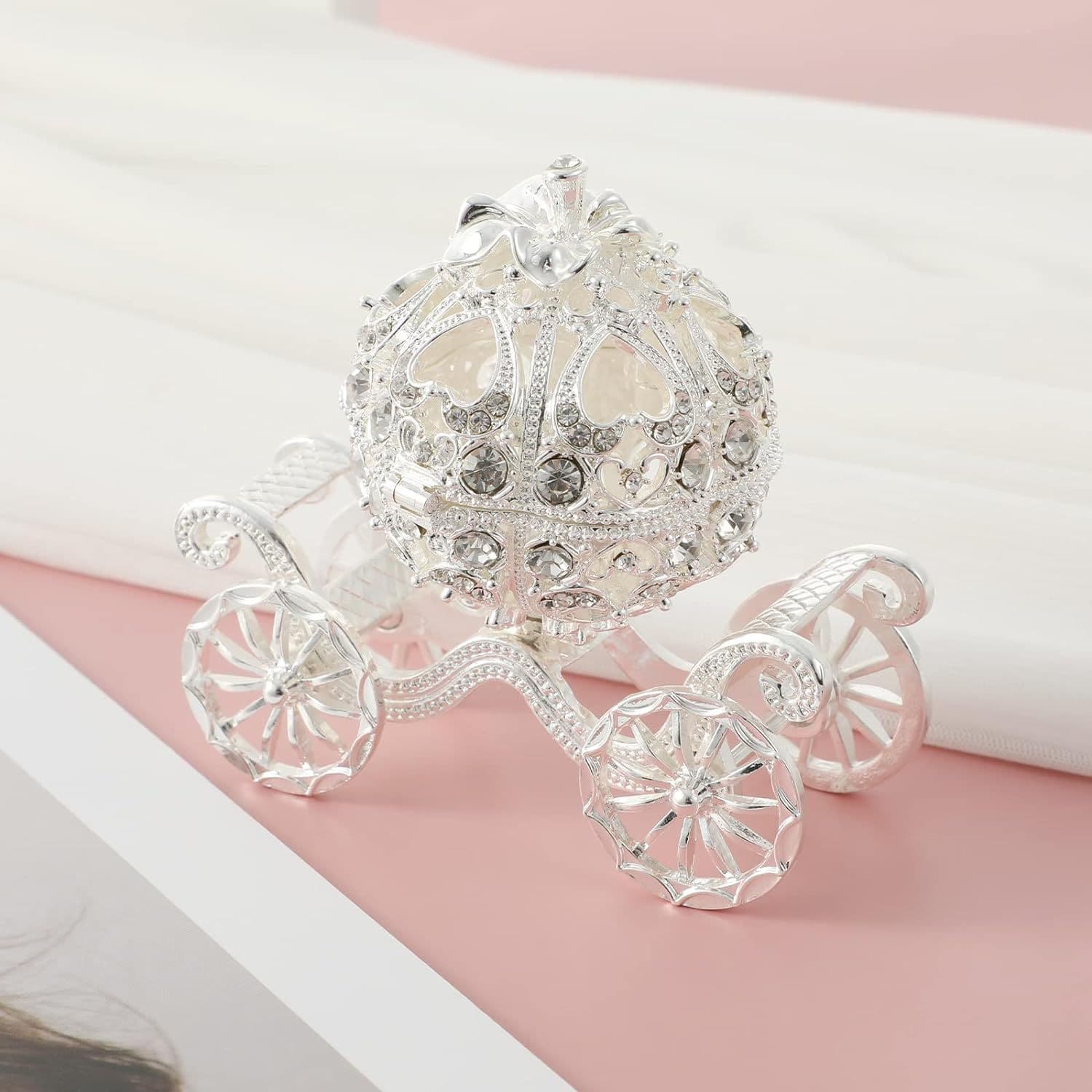 Trinket Box Rhinestone Pumpkin Carriage Jewelry Storage Organizer Silver 8x8.5x50cm
