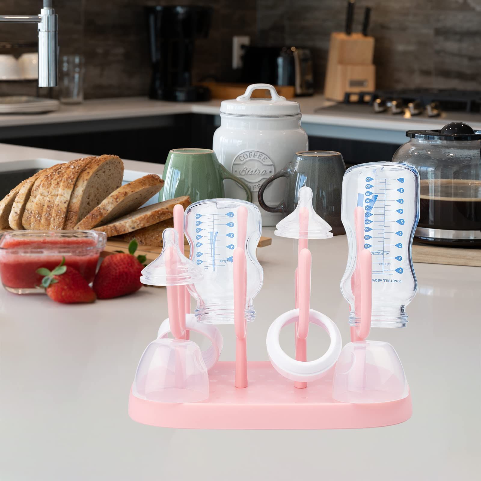 Baby Bottle Drying Rack, Small Portable Bottle Dryer Holder for Nipples, Cups, Pump Parts and Accessories, Updated (Pink)