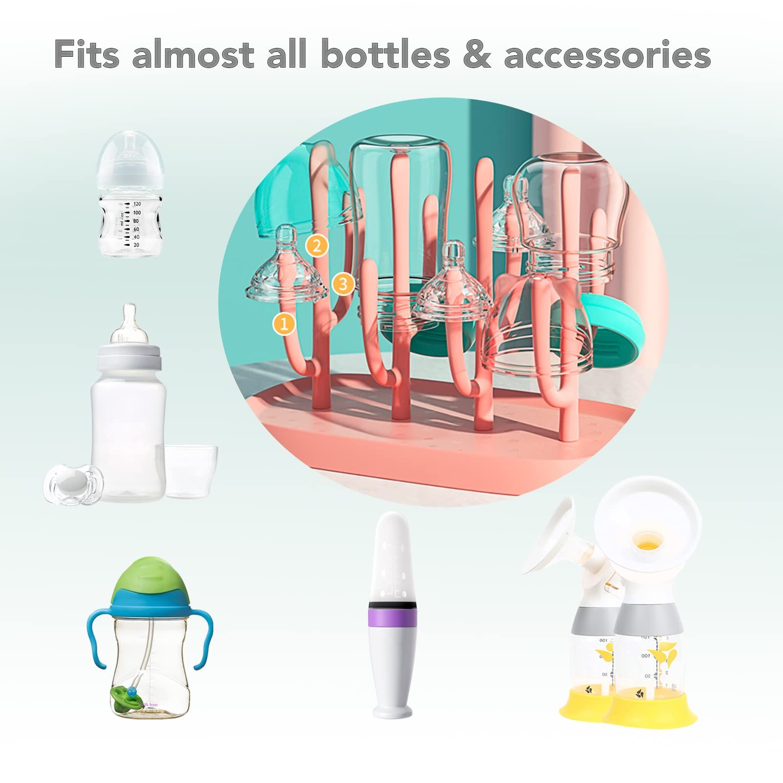 Baby Bottle Drying Rack, Small Portable Bottle Dryer Holder for Nipples, Cups, Pump Parts and Accessories, Updated (Pink)