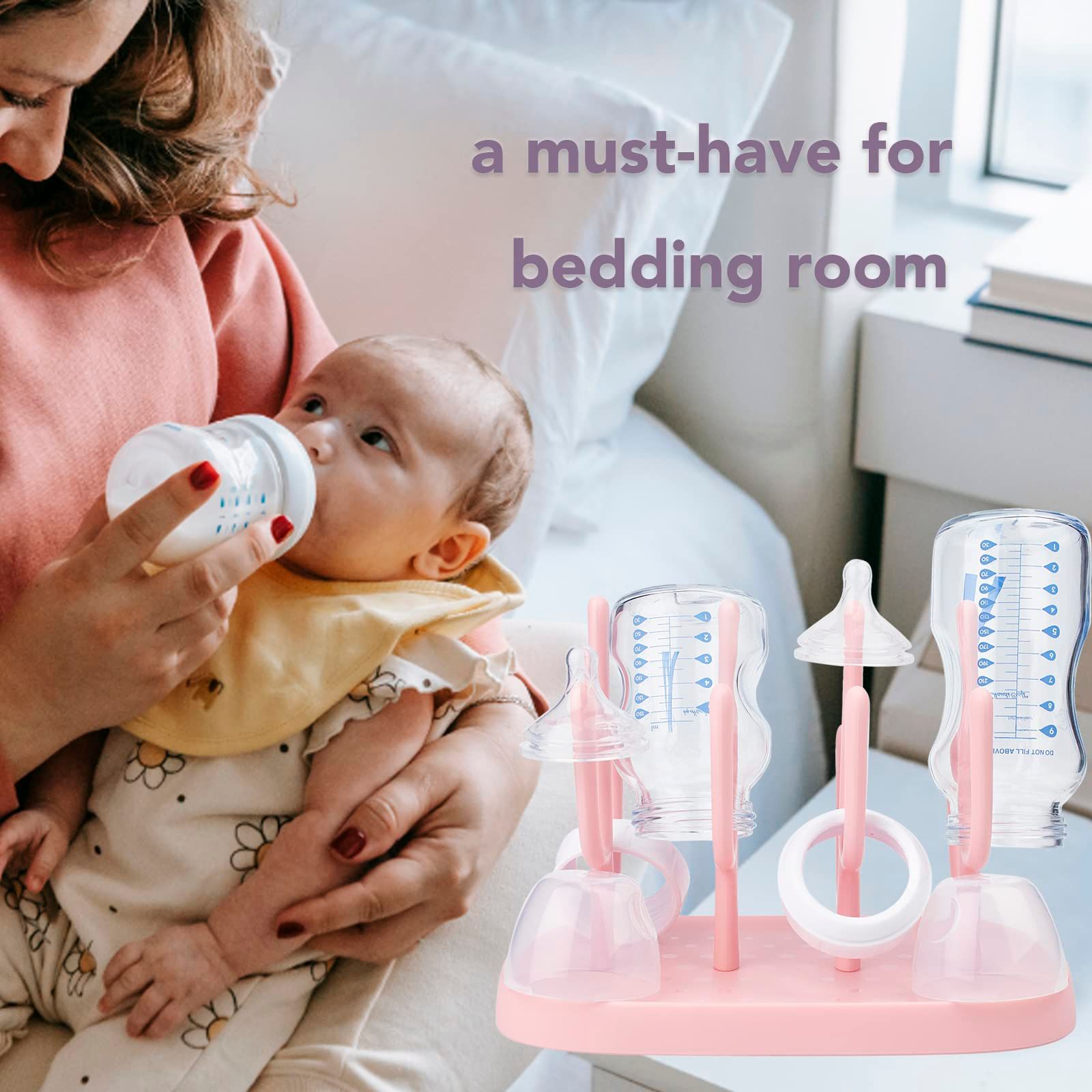 Baby Bottle Drying Rack, Small Portable Bottle Dryer Holder for Nipples, Cups, Pump Parts and Accessories, Updated (Pink)
