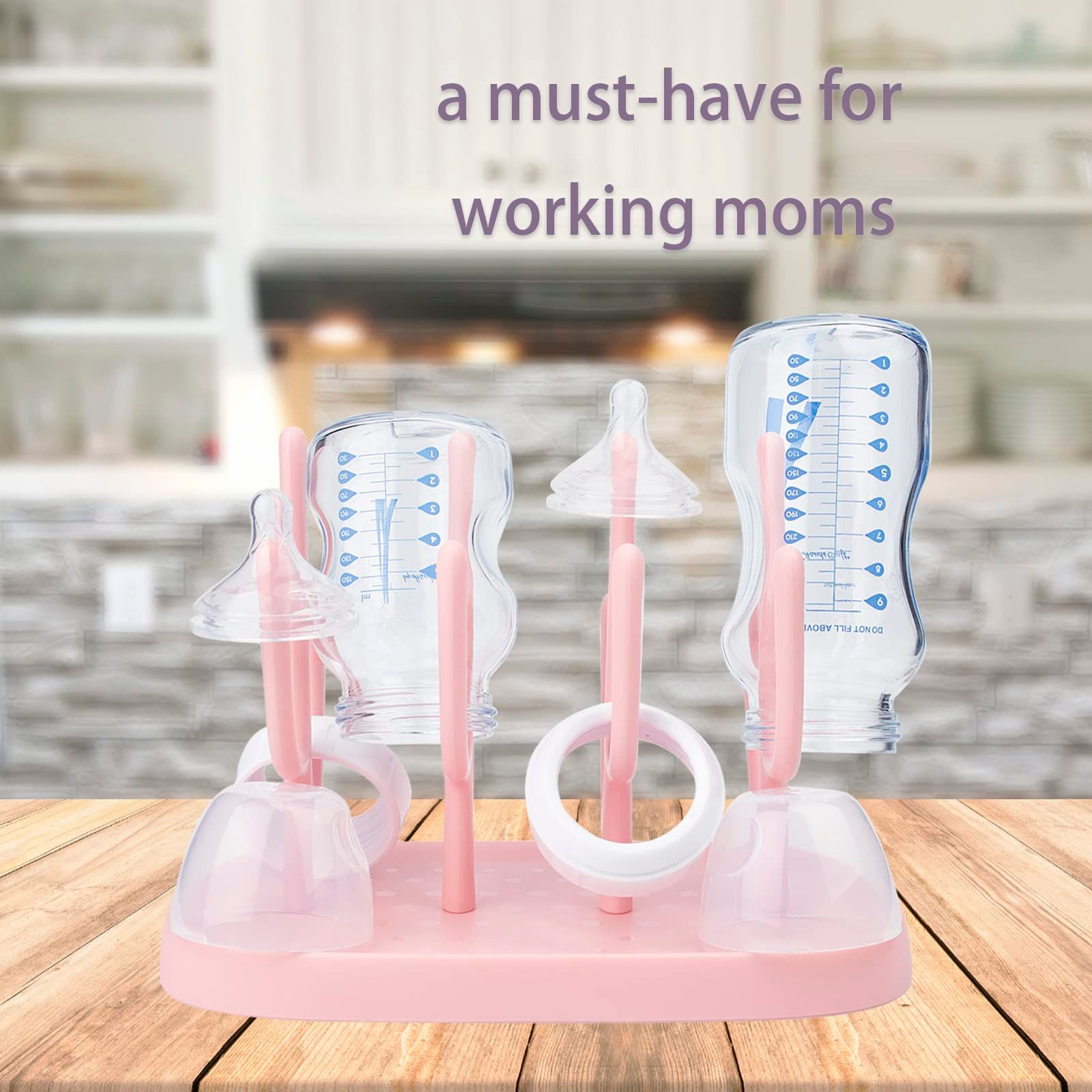 Baby Bottle Drying Rack, Small Portable Bottle Dryer Holder for Nipples, Cups, Pump Parts and Accessories, Updated (Pink)