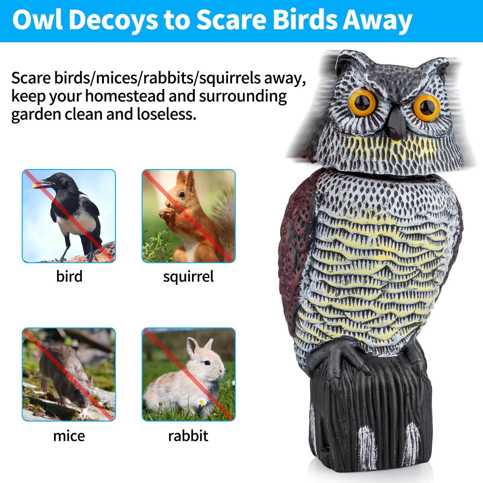 Owl Decoys to Scare Birds Squirrels Away,Owls to Frighten Birds 360 Degree Rotating Head,Plastic Owl Decoy to Scare Birds