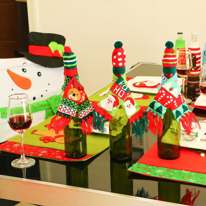 3pcs Christmas Wine Bottle Cover, Mini Xmas Hat Scarf Cute Wine Bottle Scarf Hat Decors for Christmas Party Table Decorations