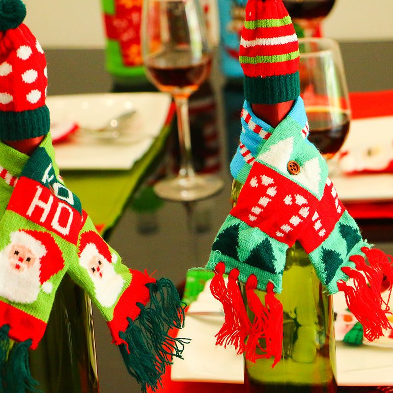 3pcs Christmas Wine Bottle Cover, Mini Xmas Hat Scarf Cute Wine Bottle Scarf Hat Decors for Christmas Party Table Decorations