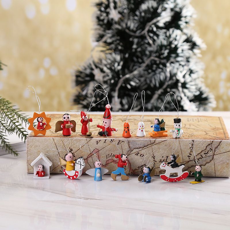 48 PCS Mini Wooden Christmas Tree Ornaments Set Tiny Hanging Vintage Miniature Decorations for Christmas Xmas Tree Gift Tags Party