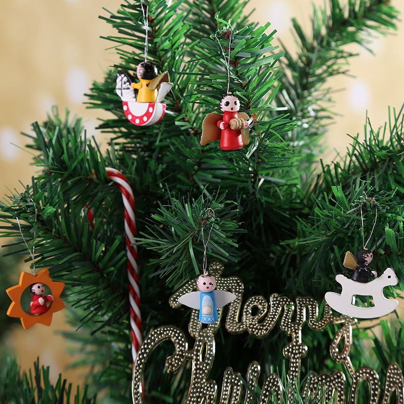 48 PCS Mini Wooden Christmas Tree Ornaments Set Tiny Hanging Vintage Miniature Decorations for Christmas Xmas Tree Gift Tags Party