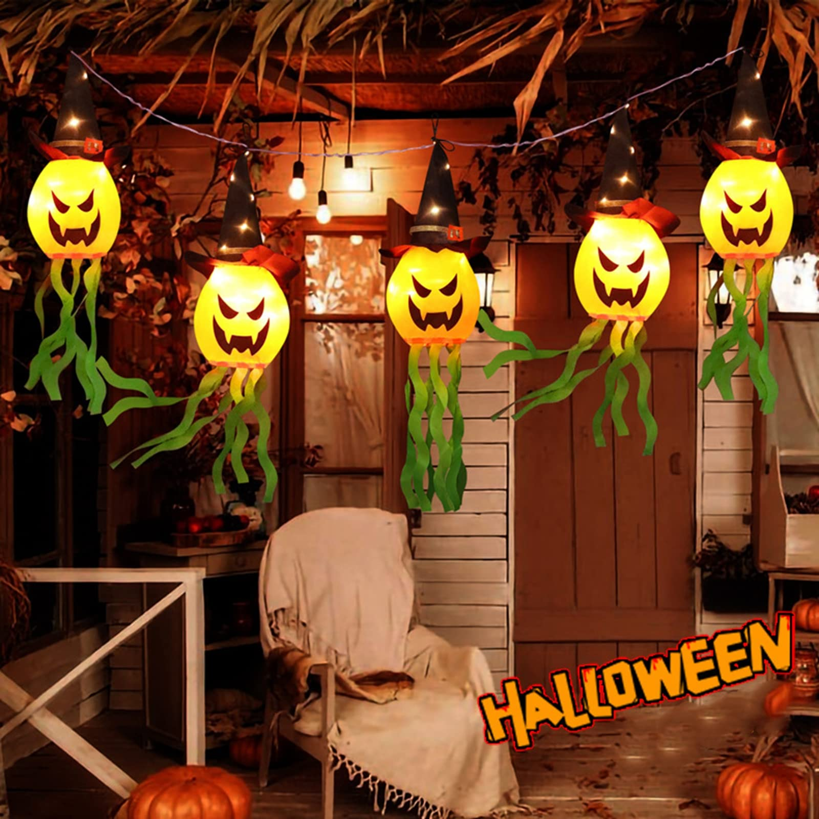 Halloween Hanging Decorations Witch Pumpkin Windsock Flag with LED Lights for Indoor Outdoor Use (Orange 5Pcs, One Size)