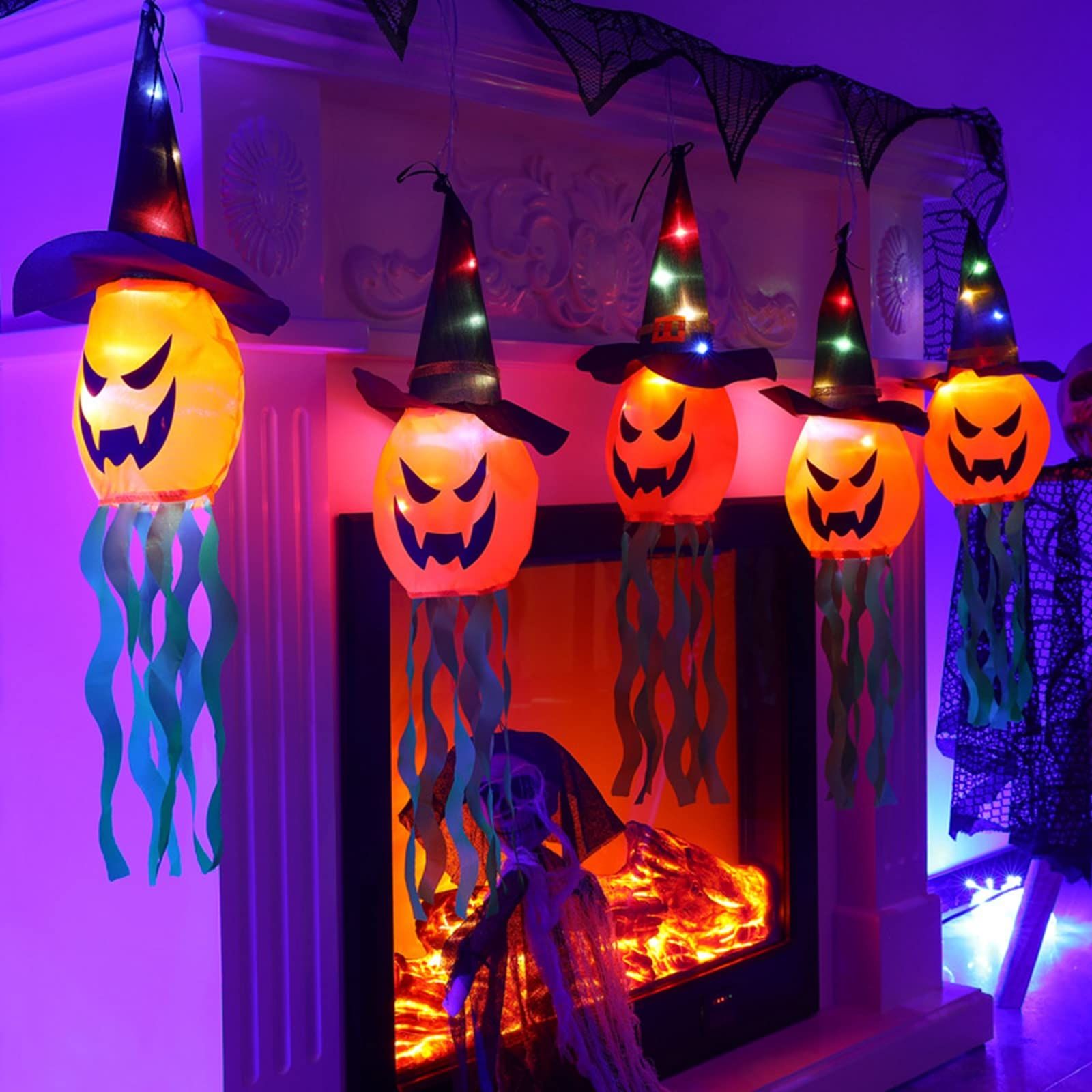 Halloween Hanging Decorations Witch Pumpkin Windsock Flag with LED Lights for Indoor Outdoor Use (Orange 5Pcs, One Size)