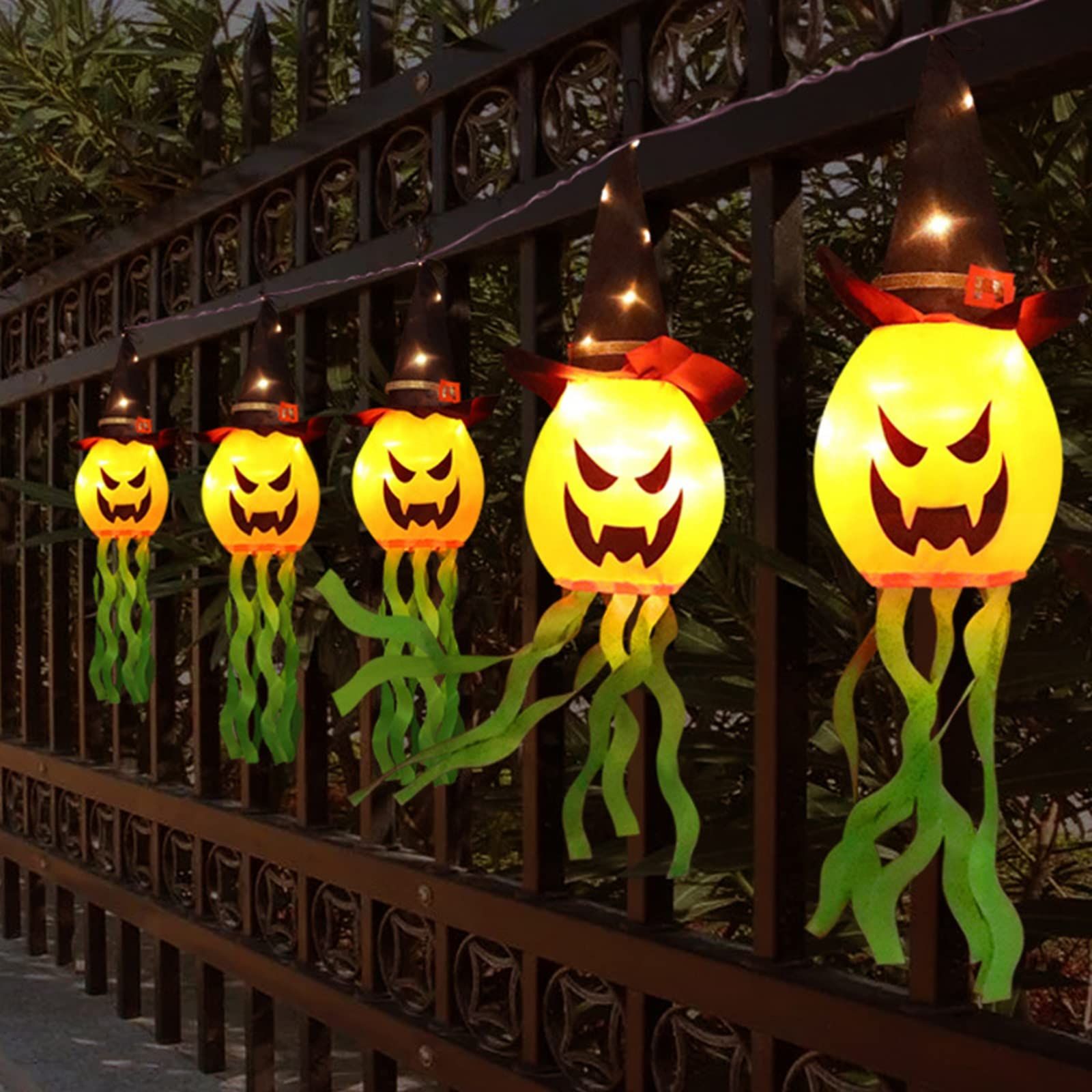Halloween Hanging Decorations Witch Pumpkin Windsock Flag with LED Lights for Indoor Outdoor Use (Orange 5Pcs, One Size)