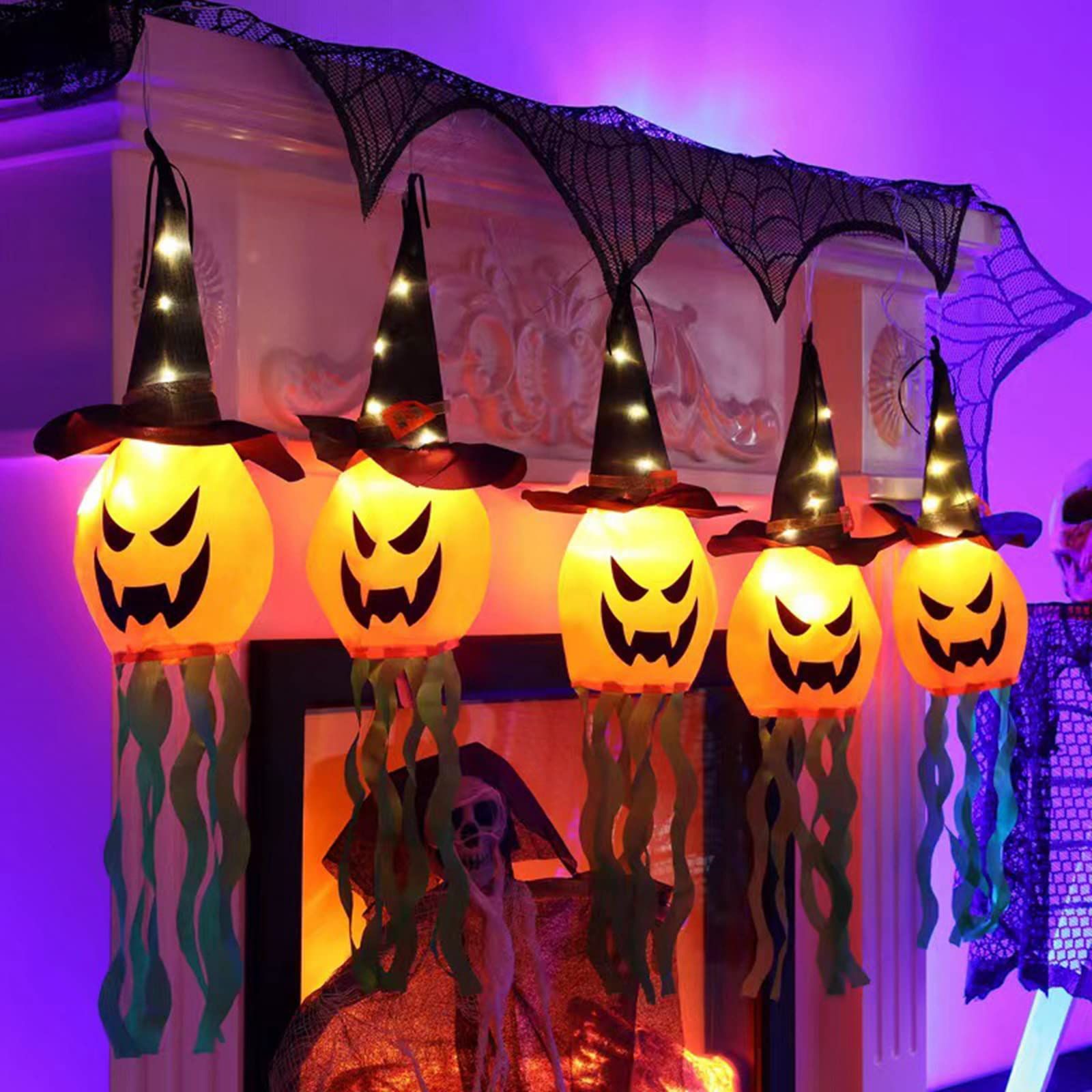Halloween Hanging Decorations Witch Pumpkin Windsock Flag with LED Lights for Indoor Outdoor Use (Orange 5Pcs, One Size)