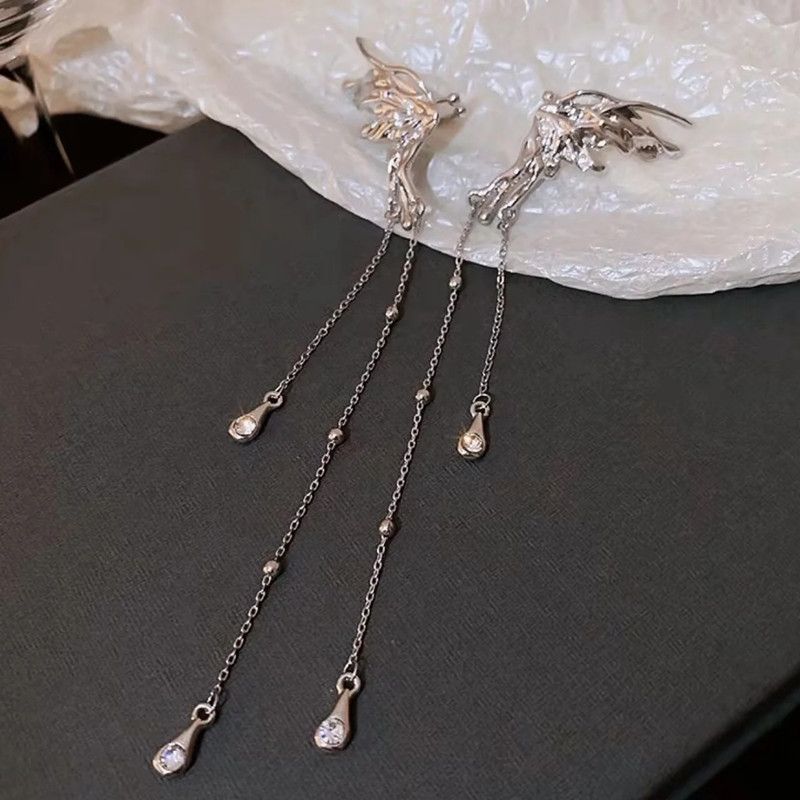 Butterfly Ear Cuff Earrings For Women Non Pierced Tassel Style Zircon Chain Dangle Long Shiny Cute Elegant Butterfly Wing Ear