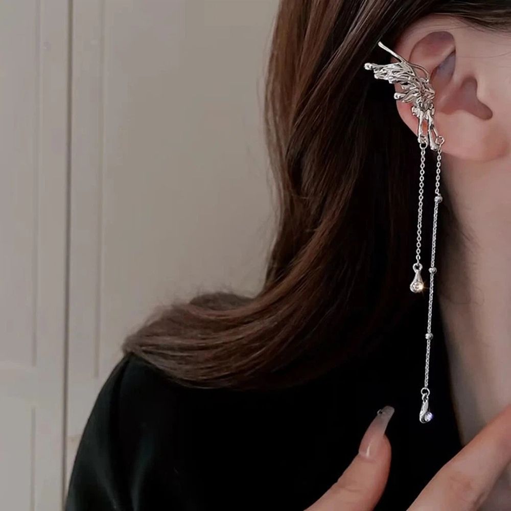Butterfly Ear Cuff Earrings For Women Non Pierced Tassel Style Zircon Chain Dangle Long Shiny Cute Elegant Butterfly Wing Ear