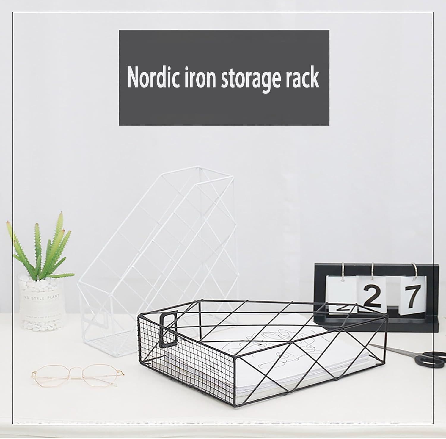 Metal Scandinavian creative style simple vertical file storage rack, office desk bookshelf newspaper storage grid storage basket