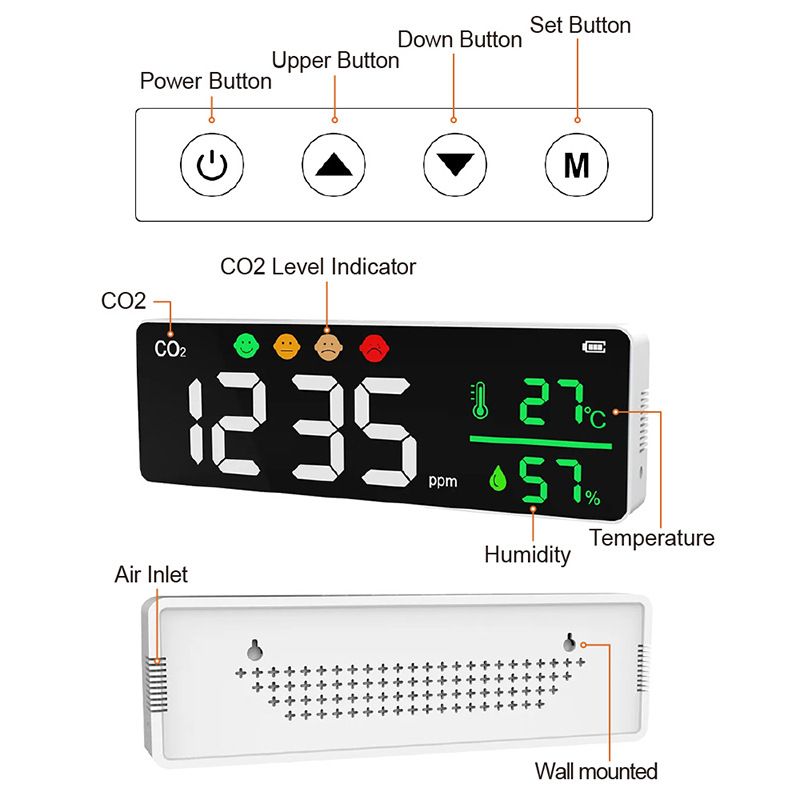 CO2 Detector, 3 in 1 Indoor Air Quality Monitor Temperature Humidity Air Analyzer, LCD Display Carbon Dioxide
