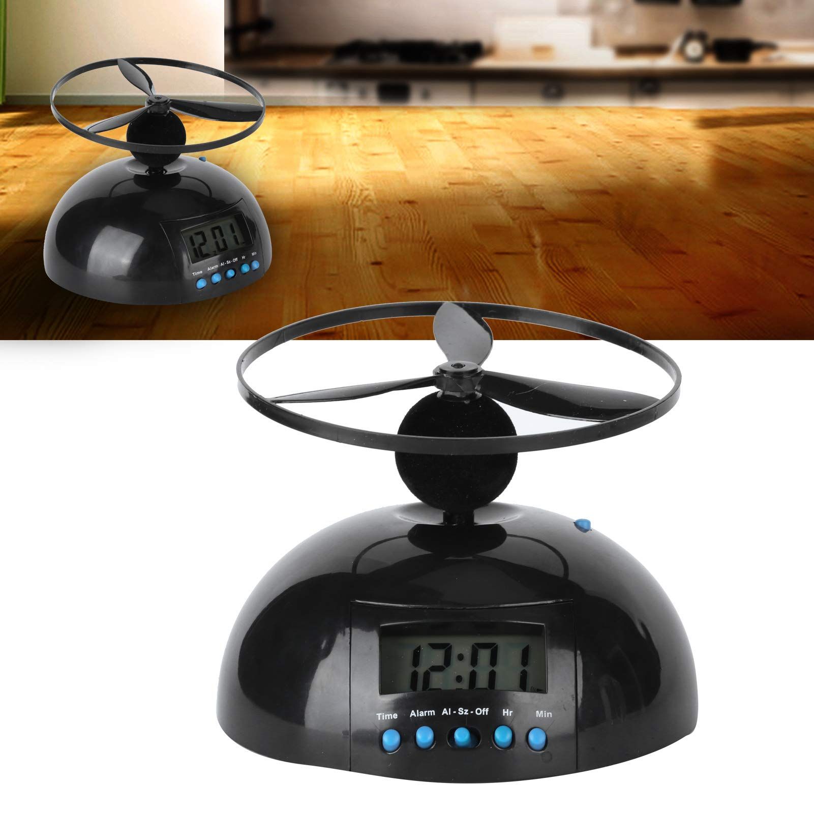 Alarm Clock Flying Mini Round Propeller Alarm Clock LCD Display Desktop Alarm Clock Digital Clock Run Away Rolling Helicopter