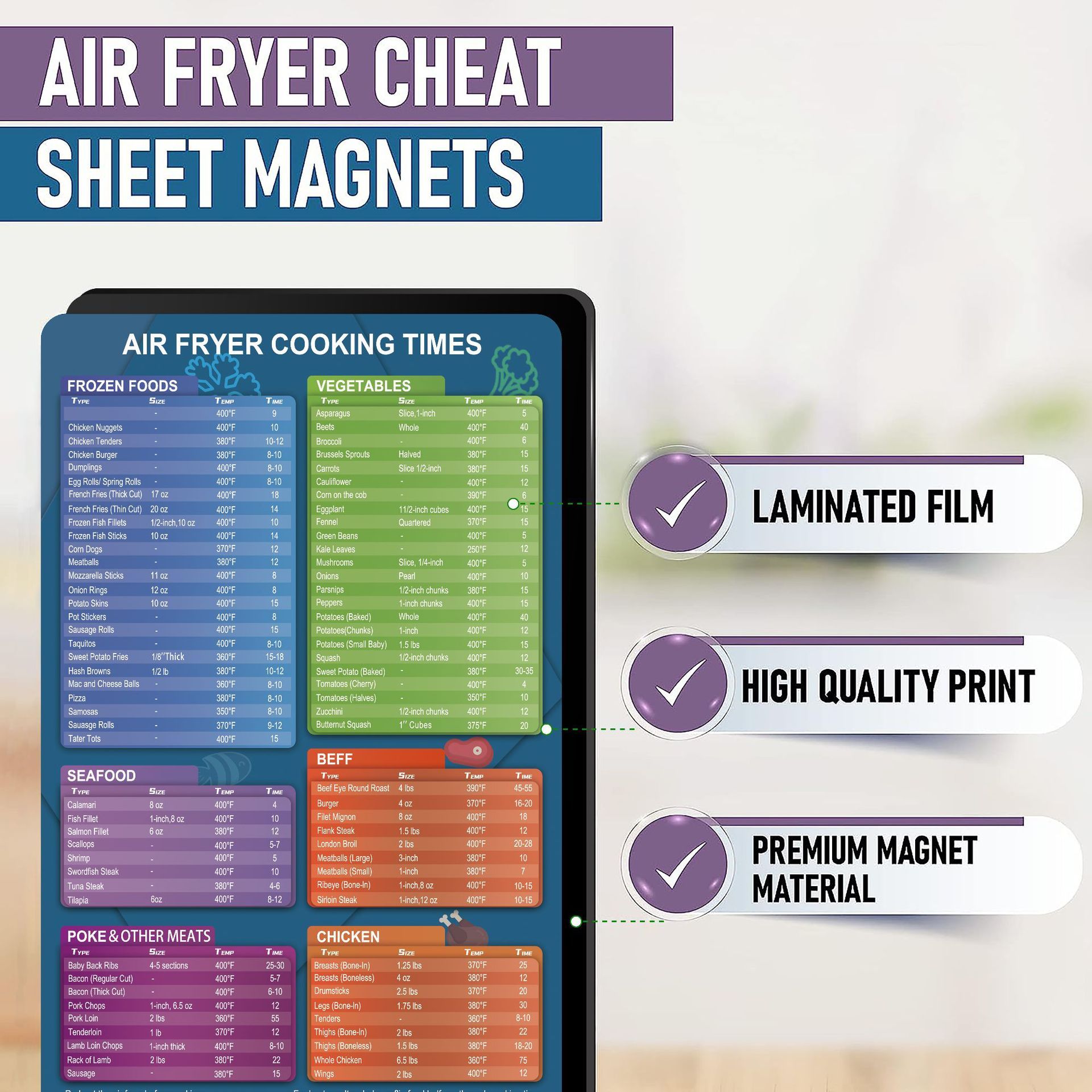 Air Fryer Cooking Times Chart Magnet, Quick Reference Guide for Cooking and Frying, Air Fryer Cooking Times Chart