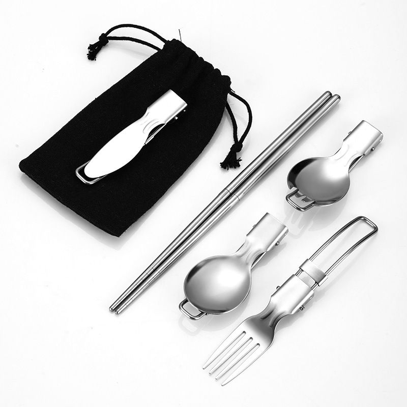 5 Piece Stainless Steel Family Cutlery Picnic Utensil Set with Travel Case for Knifes | Chopstick, (Black)