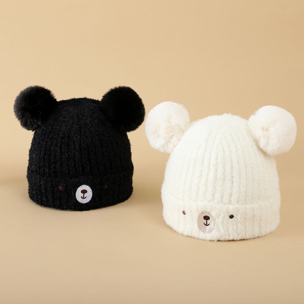 Toddler Baby Girls Boys Hats Bear Double Bobbles Toddler Winter hat Cap Toddlers Knit Hat 2 pcs