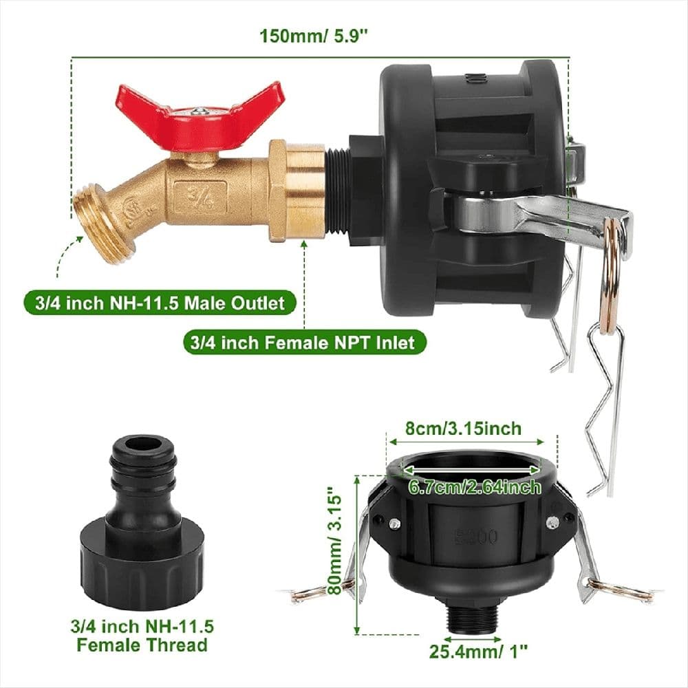 IBC Tote Adapter 2 Inch Cam Lock for 275-330 Gallon IBC Tote Tank Garden Hose Connector with Brass Faucet