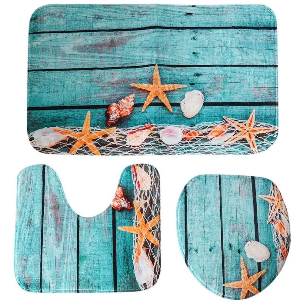 Beach Seashells Sand Bath Mat Holidays Summer Bathroom Carpet Rug Non- 3 Piece Toilet Mat Set Floor