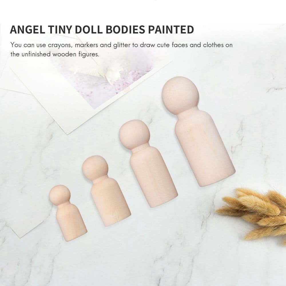 Wooden Peg Dolls Unfinished DIY Angel Tiny Doll Bodies 56 Piece Natural Wood with Hats