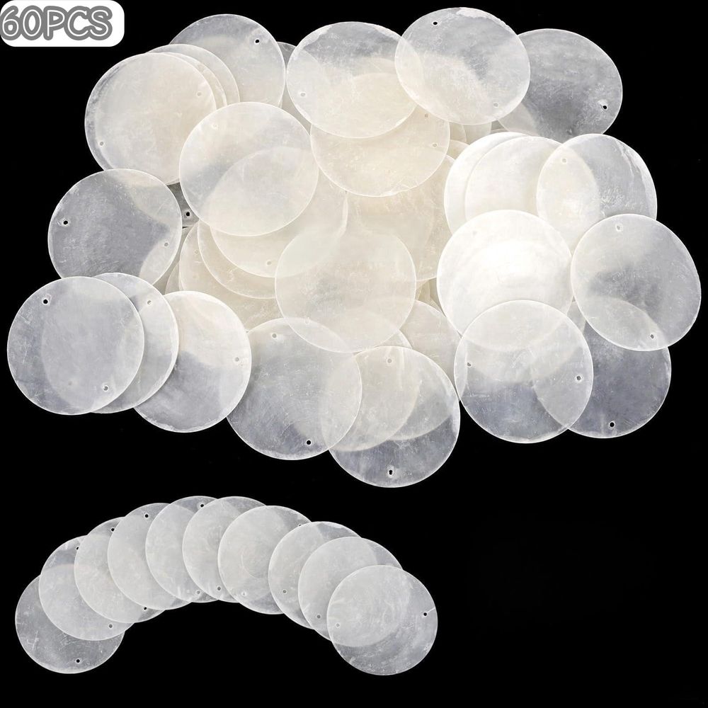 60Pcs Round Capiz Shells, 2inch Capiz Shells with 2 Holes, Blank Shell Pendants for Wedding Home Decor Birthday Party DIY Craft Hanging
