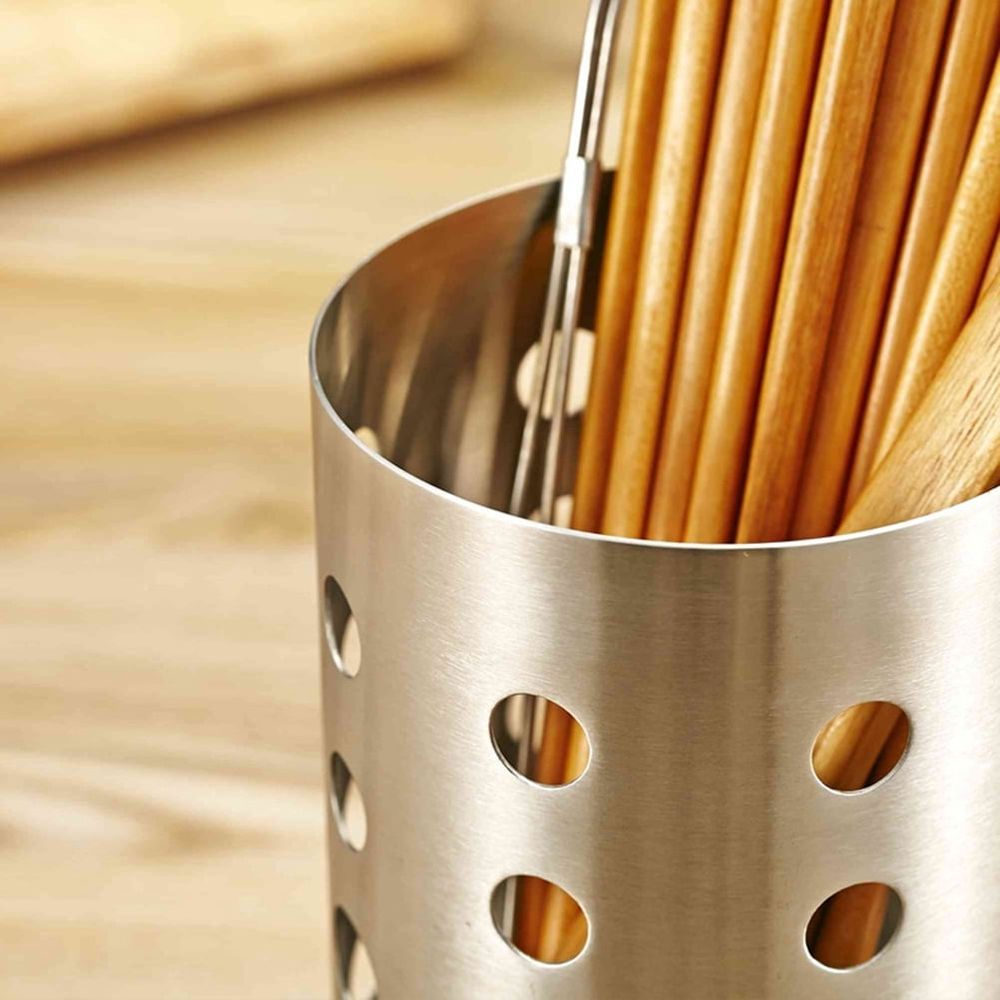 Stainless Steel Utensil Holder with Drain Holes for Countertop Drying Plated Silver Organizer