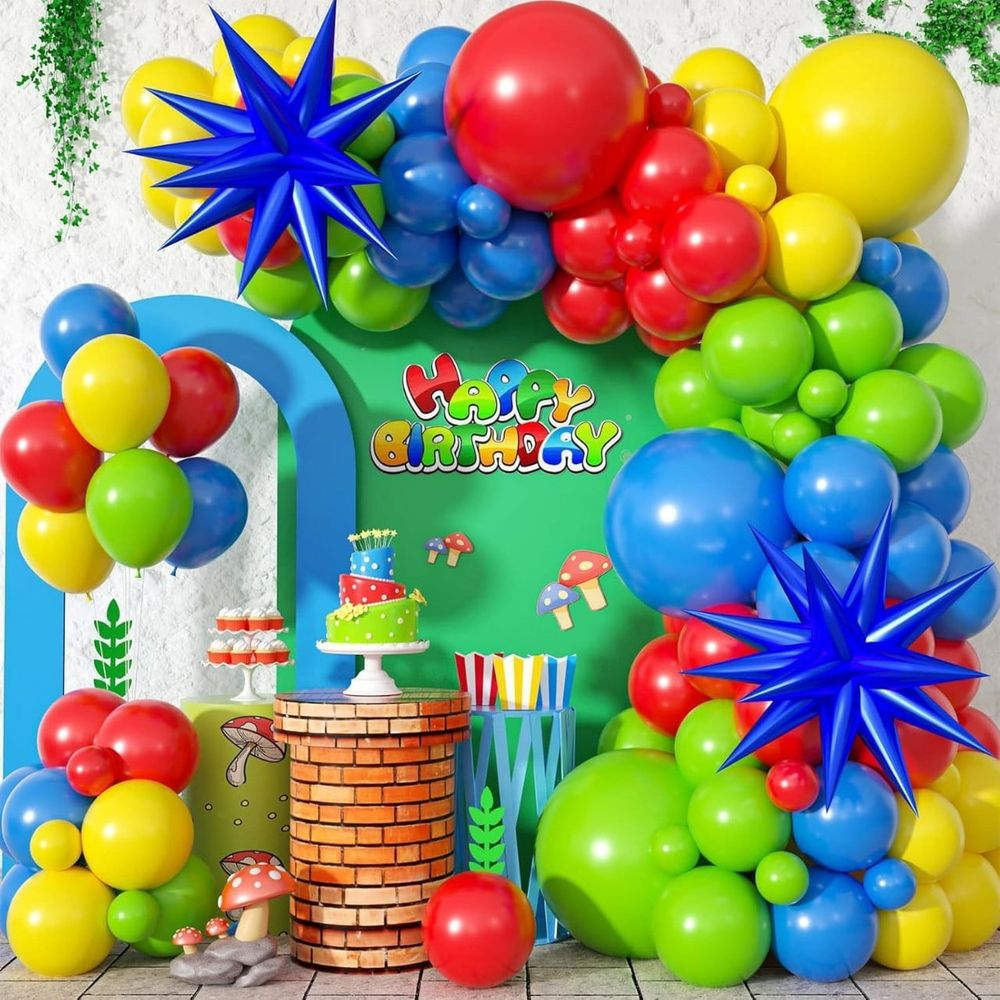 Red Yellow Blue Green Balloon Garland Kit, 110PCS Carnival Primary Color Balloon Arch Kit with Blue Starburst Foil Balloons, 5/10/18 inch Latex Balloons for Kids Birthday, Carnival, Backyard Party