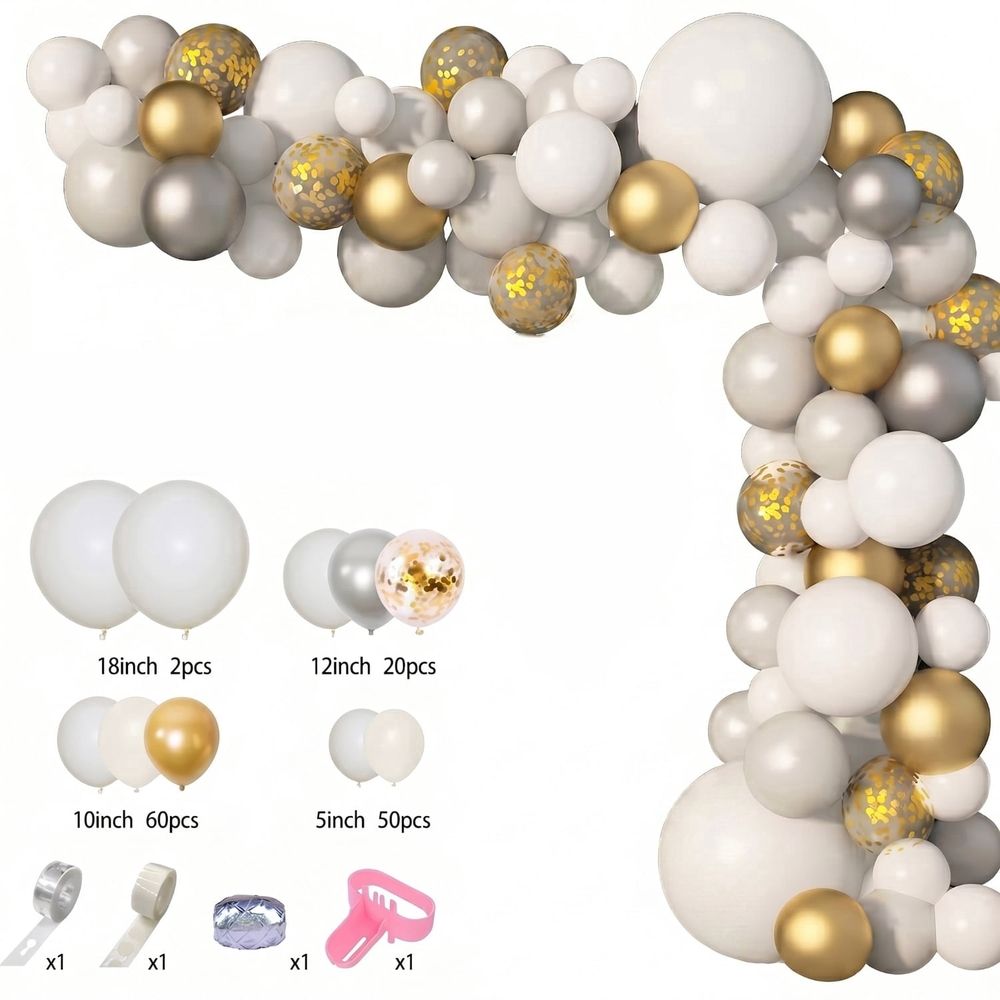 136PCS White Gold Balloon Garland Kit, Metallic & Confetti Balloons for Birthday, Wedding,Party Decor