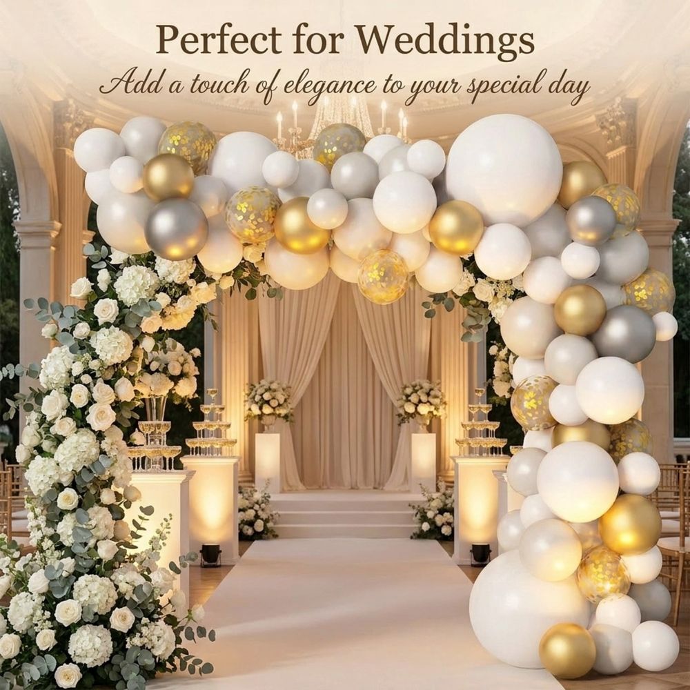 136PCS White Gold Balloon Garland Kit, Metallic & Confetti Balloons for Birthday, Wedding,Party Decor