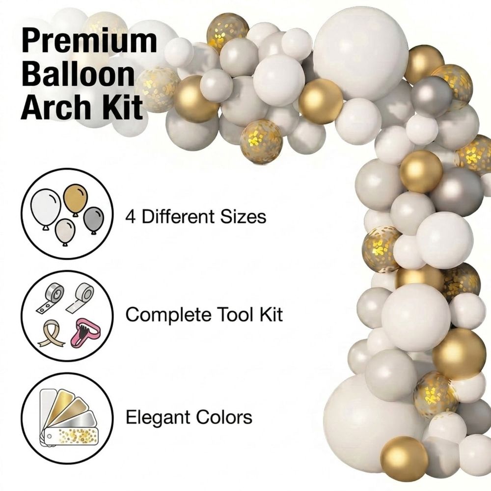 136PCS White Gold Balloon Garland Kit, Metallic & Confetti Balloons for Birthday, Wedding,Party Decor